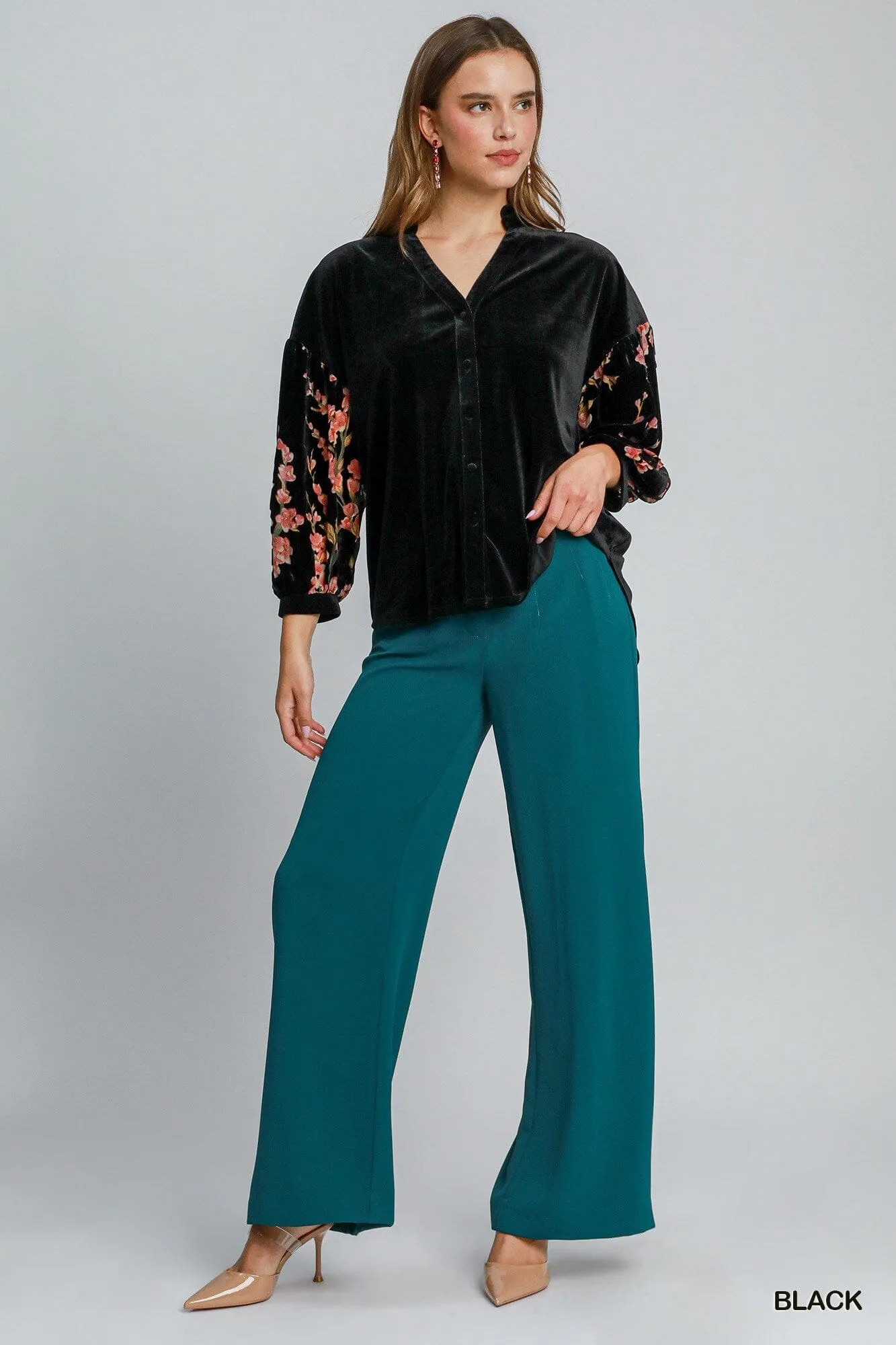 VELVET SHEER FLORAL SLEEVE BUTTON DOWN TOP