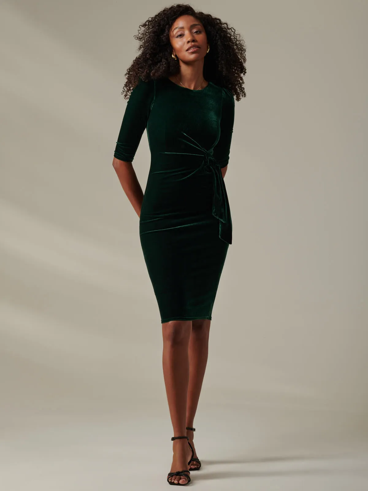 Velvet Side Tie Midi Dress, Dark Green