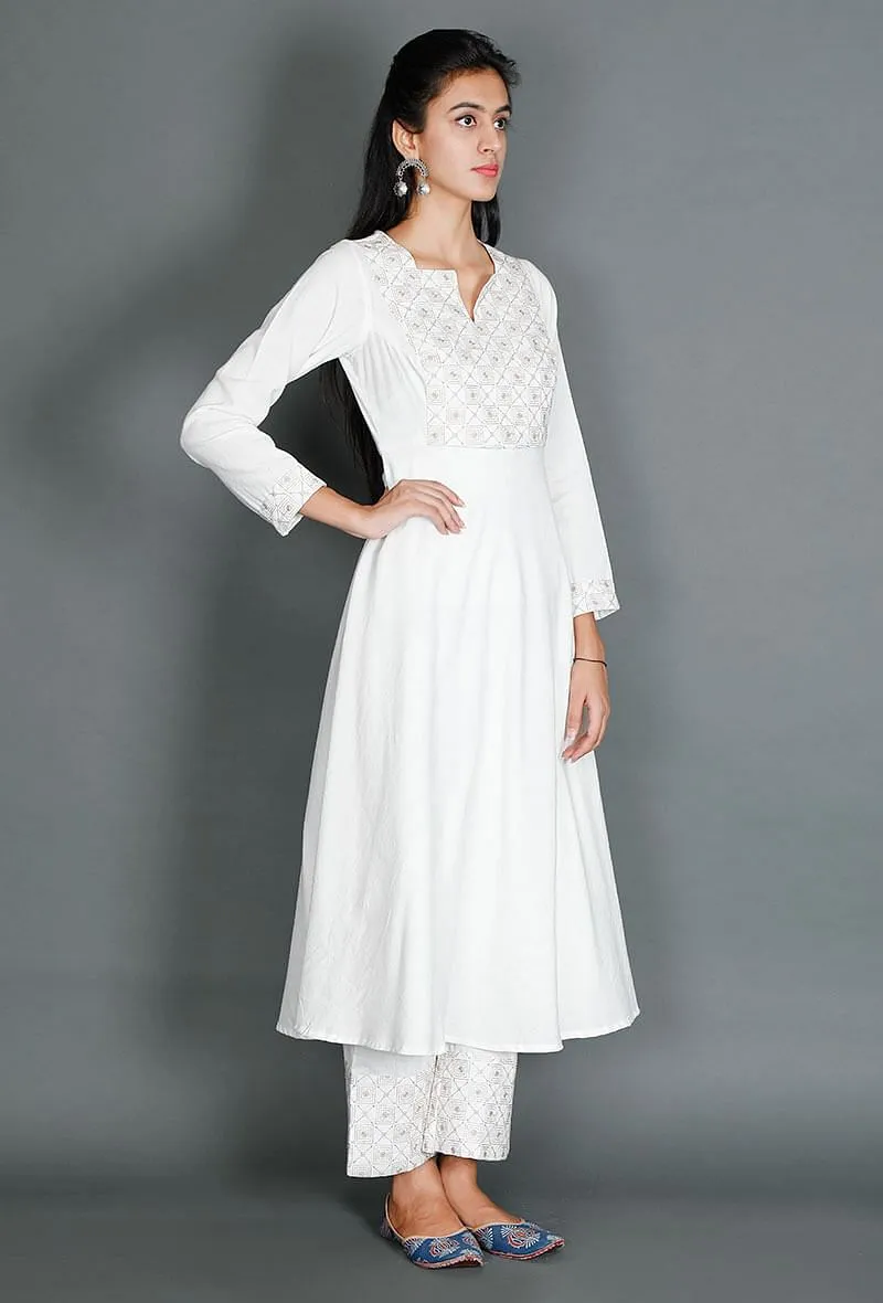 White Anarkali With Beige Kantha Embroidered Yoke