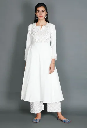 White Anarkali With Beige Kantha Embroidered Yoke