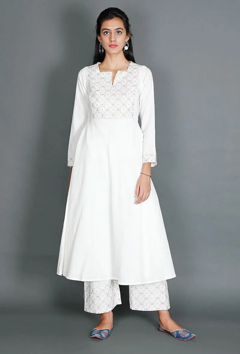 White Anarkali With Beige Kantha Embroidered Yoke