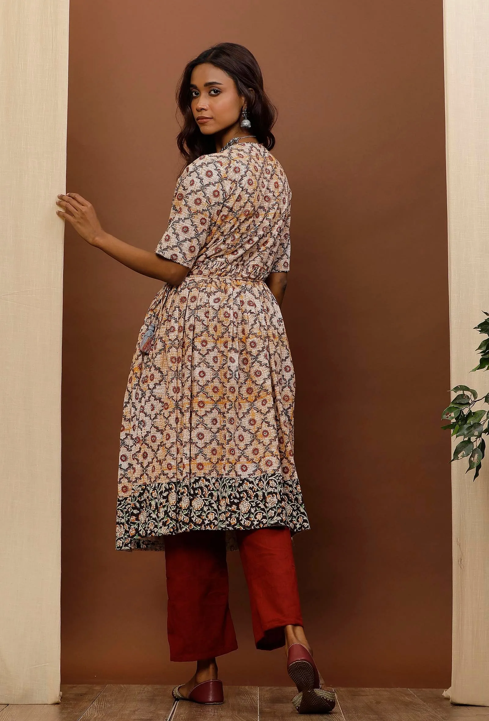 White Flared Kalamkari Cotton Kurta