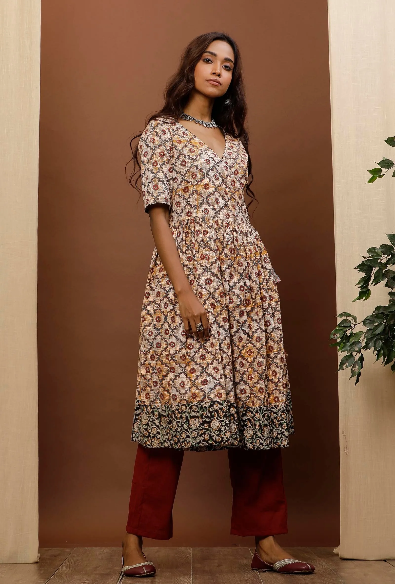 White Flared Kalamkari Cotton Kurta