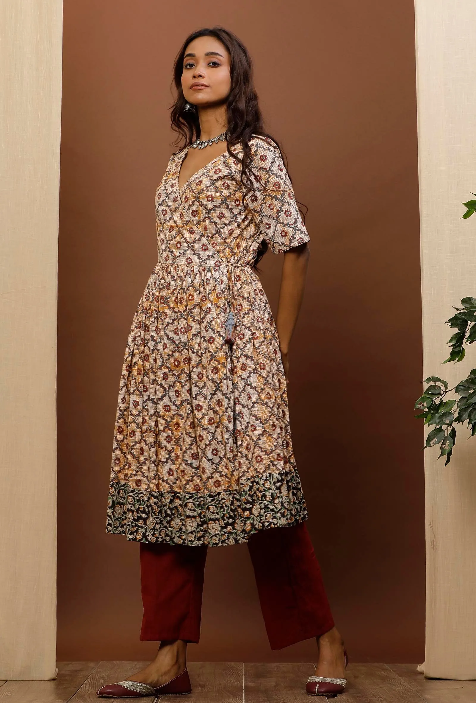 White Flared Kalamkari Cotton Kurta