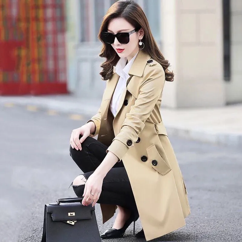 Women's Double Breasted Trench Coat Water Resistant Windbreaker Classic Belted Lapel Overcoat