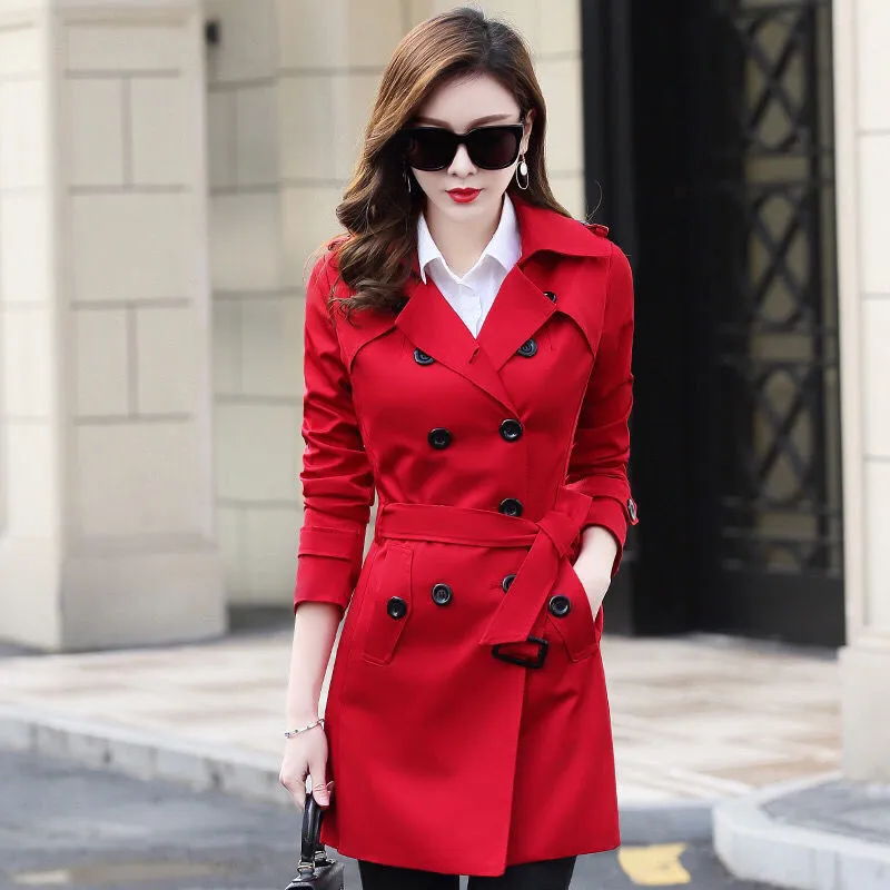 Women's Double Breasted Trench Coat Water Resistant Windbreaker Classic Belted Lapel Overcoat