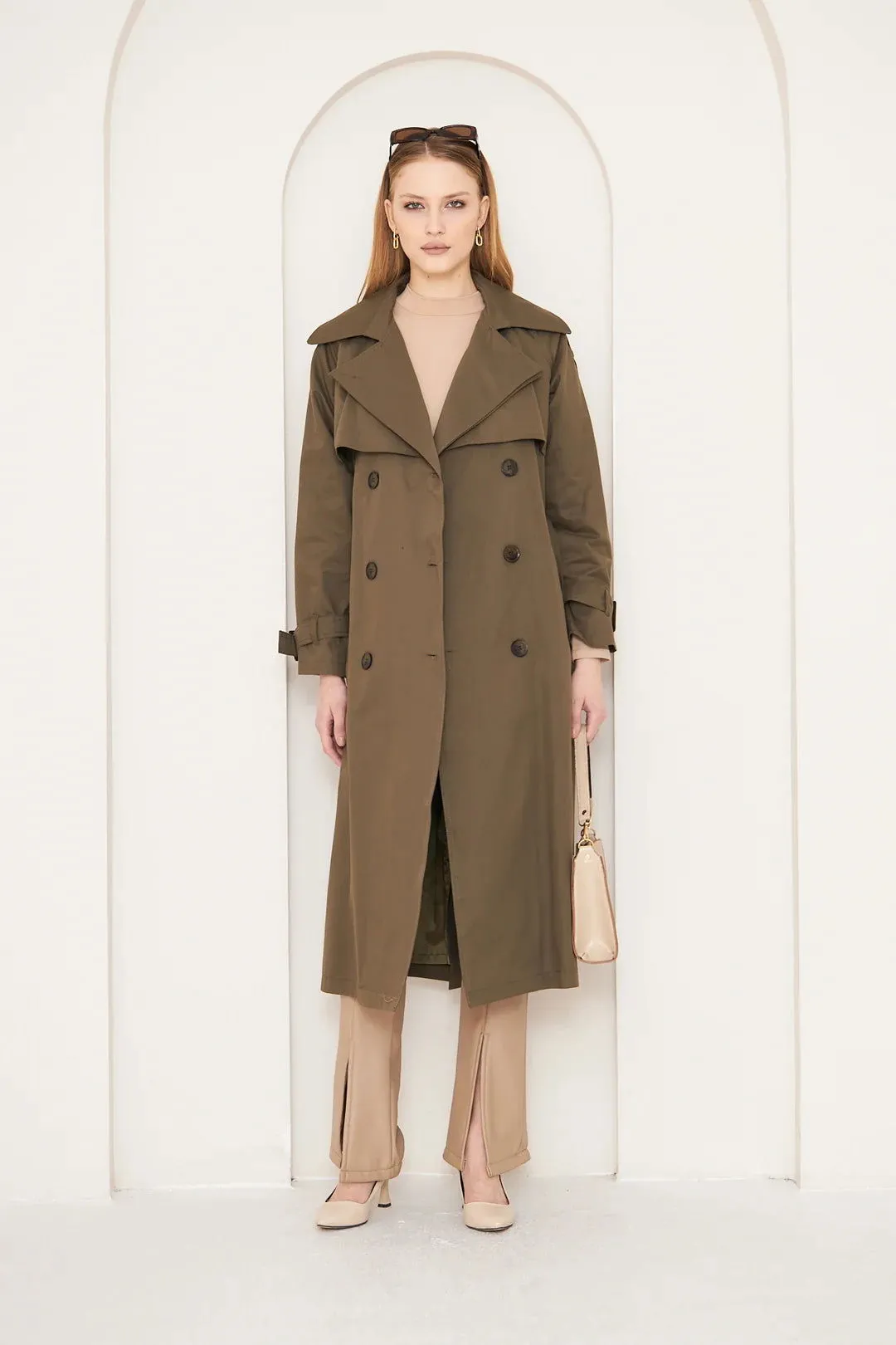 Women's Long Trench Coat with Double Collar Detail - Khaki - SCB-W12392