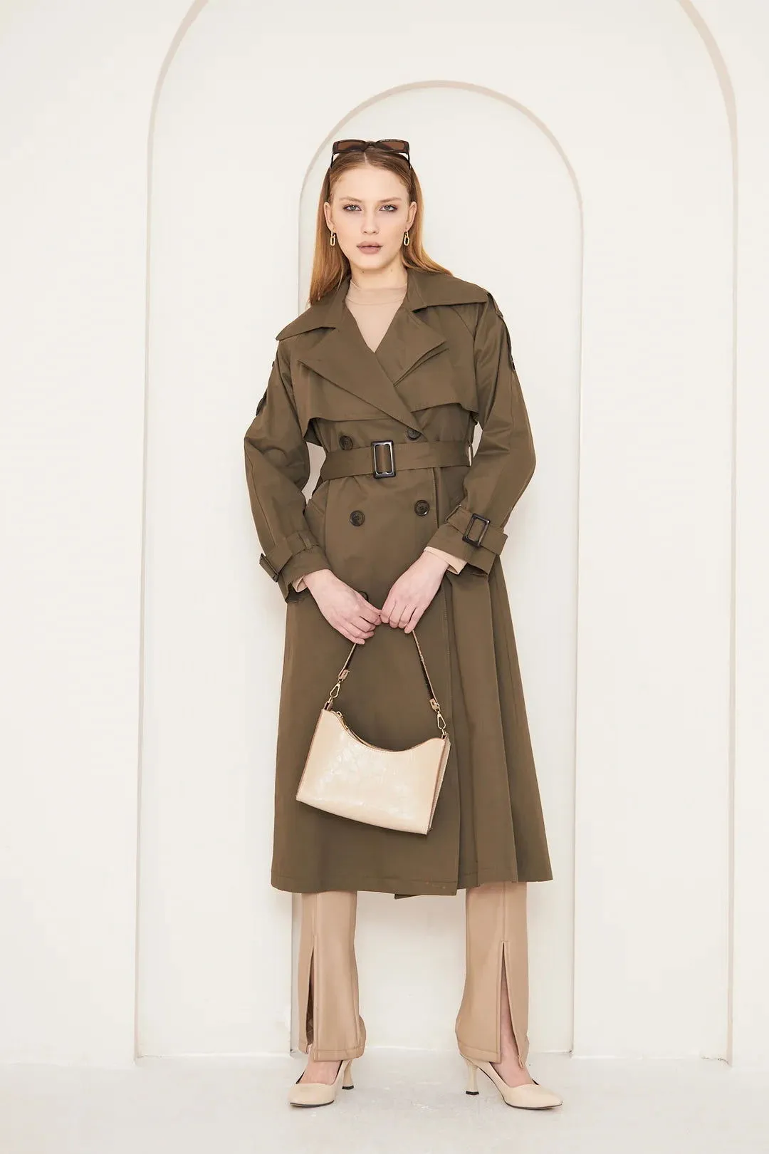 Women's Long Trench Coat with Double Collar Detail - Khaki - SCB-W12392