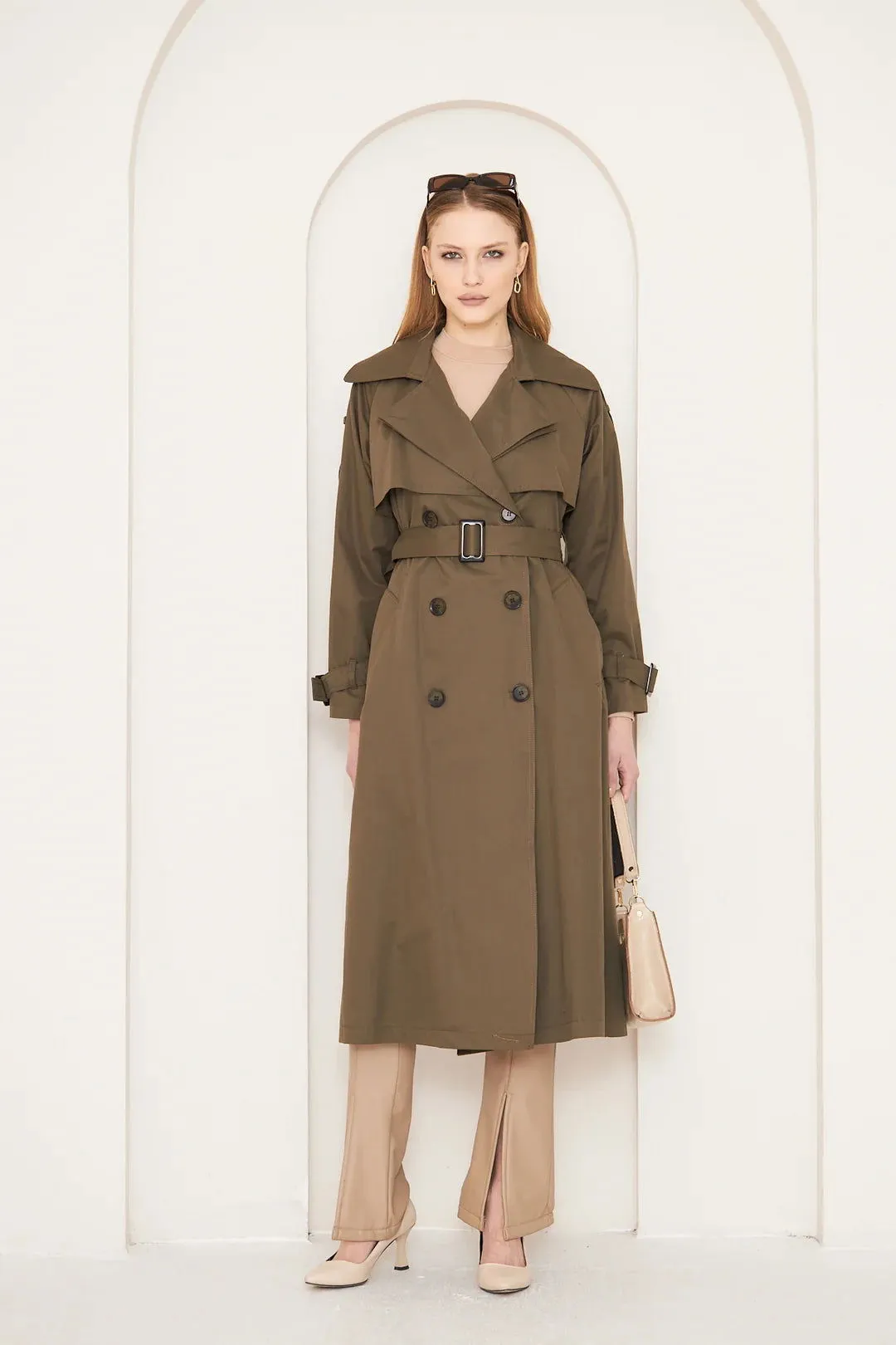 Women's Long Trench Coat with Double Collar Detail - Khaki - SCB-W12392