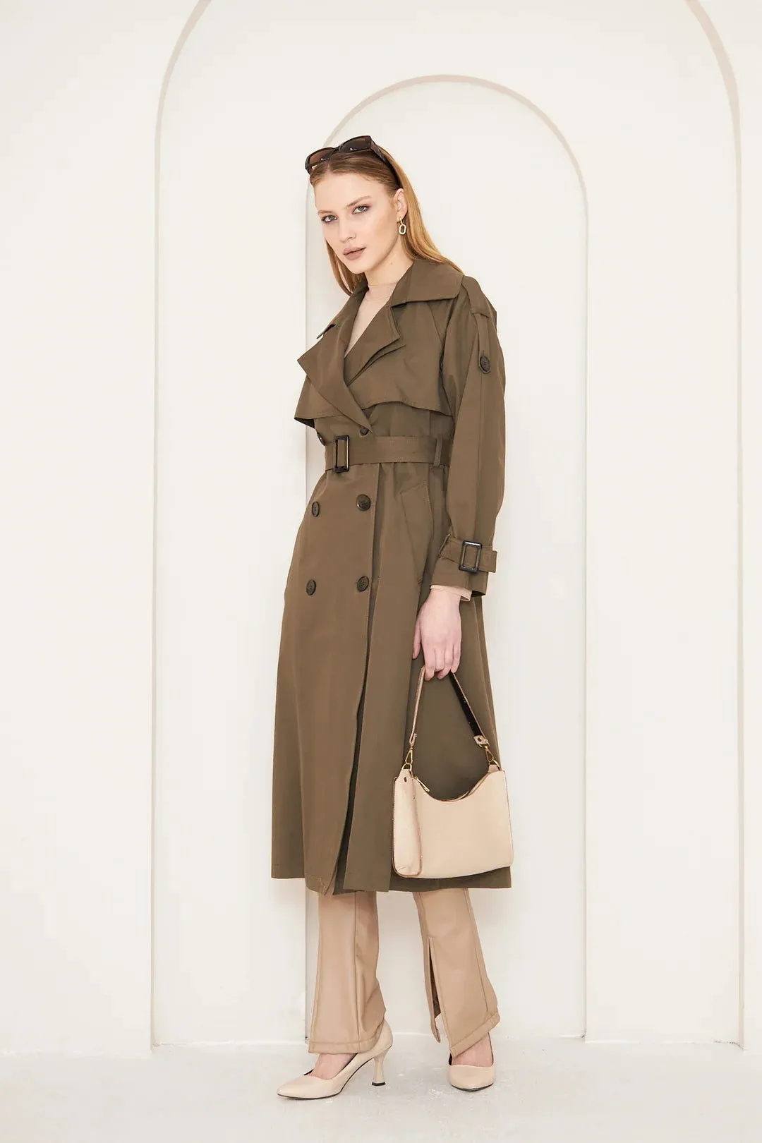 Women's Long Trench Coat with Double Collar Detail - Khaki - SCB-W12392